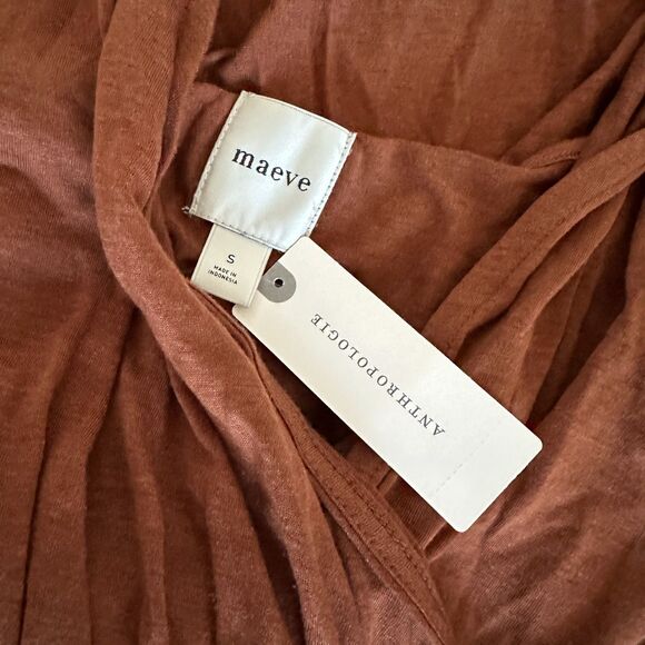 MAEVE V-NECK WOOL BLEND RUCHED MIDI DRESS S New Brown Anthropologie - Picture 4 of 5